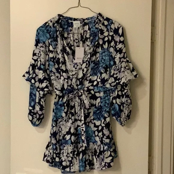 Misa Los Angeles Dresses | Misa Los Angeles Blue And White Flutter Sleeve Dress | Color: Blue/White | Size: M | Remy3156's Closet